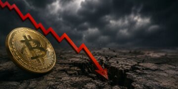 Una moneda de Bitcoin dorada sobre suelo agrietado, con una flecha roja de gráfico descendente.
