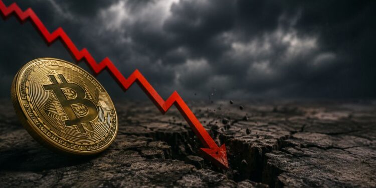 Una moneda de Bitcoin dorada sobre suelo agrietado, con una flecha roja de gráfico descendente.