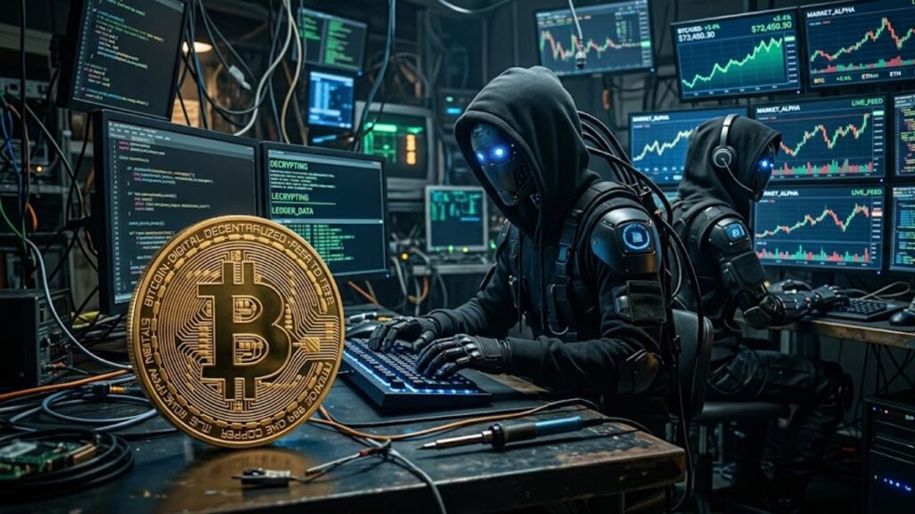 Moneda de bitcoin con gráficos de mercado mixtos en el fondo y robots de IA vestidos como hackers.