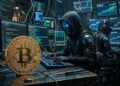 Moneda de bitcoin con gráficos de mercado mixtos en el fondo y robots de IA vestidos como hackers.