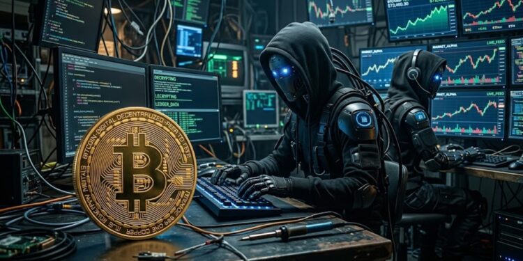 Moneda de bitcoin con gráficos de mercado mixtos en el fondo y robots de IA vestidos como hackers.