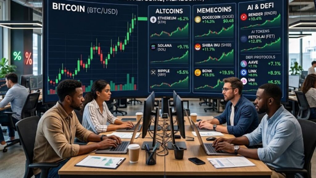 Traders en una sala con una pantalla de precios en el fondo.