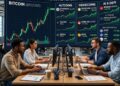 Traders en una sala con una pantalla de precios en el fondo.