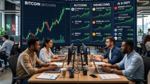 Traders en una sala con una pantalla de precios en el fondo.