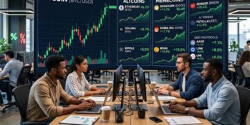 Traders en una sala con una pantalla de precios en el fondo.