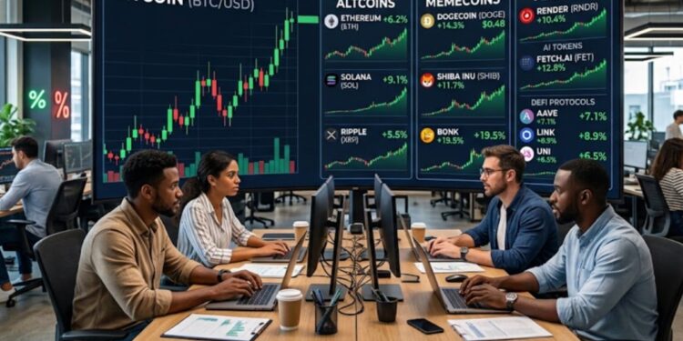 Traders en una sala con una pantalla de precios en el fondo.