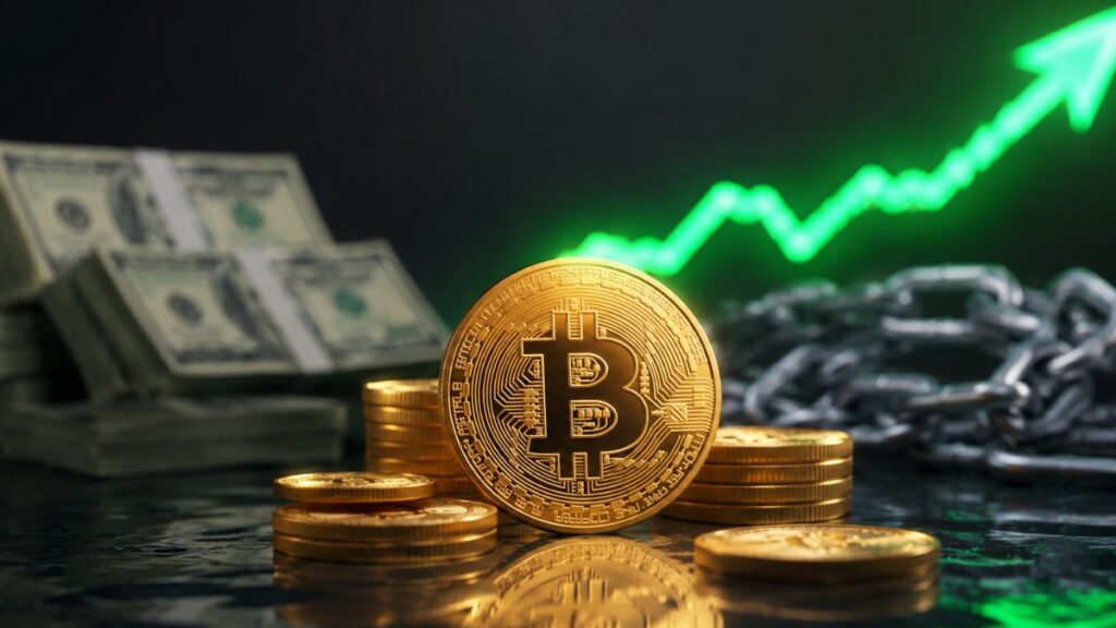 Moneda de Bitcoin dorada con gráfico de línea verde ascendente y efectivo.