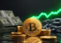 Moneda de Bitcoin dorada con gráfico de línea verde ascendente y efectivo.