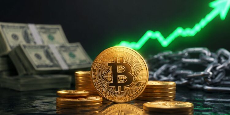 Moneda de Bitcoin dorada con gráfico de línea verde ascendente y efectivo.