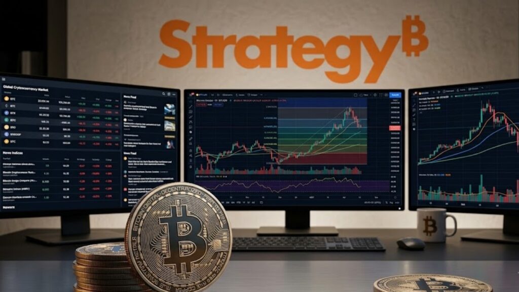 Monedas de Bitcoin con el logo de Strategy en el fondo y gráficas de mercado mixtas.