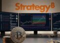 Monedas de Bitcoin con el logo de Strategy en el fondo y gráficas de mercado mixtas.