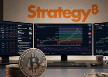 Monedas de Bitcoin con el logo de Strategy en el fondo y gráficas de mercado mixtas.