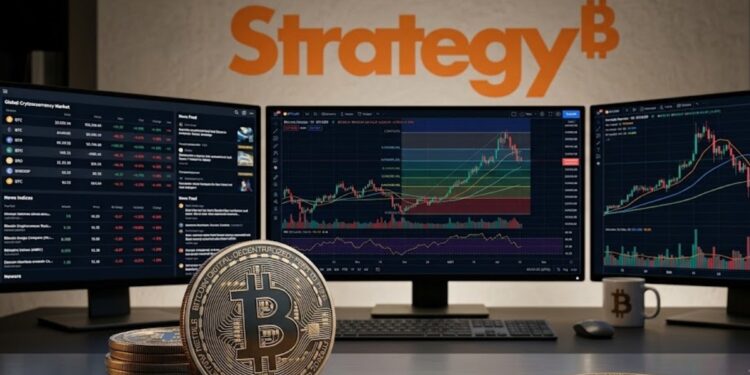 Monedas de Bitcoin con el logo de Strategy en el fondo y gráficas de mercado mixtas.