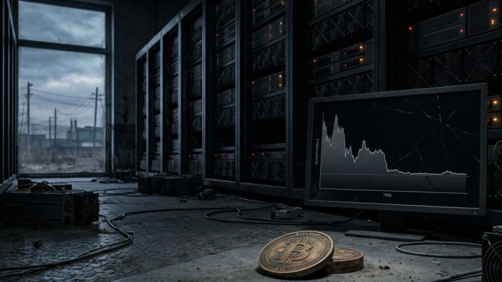 Moneda física de bitcoin en primer plano sobre un suelo de una granja de minería y un monitor con un gráfico de precios de bitcoin.