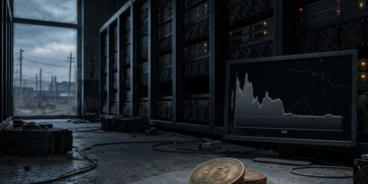Moneda física de bitcoin en primer plano sobre un suelo de una granja de minería y un monitor con un gráfico de precios de bitcoin.