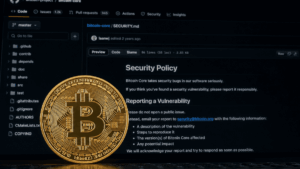 Primer plano: Moneda de bitcoin. Fondo: imagen genérica de un repositorio de github con el archivo security.md abierto.