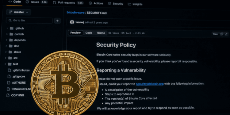 Primer plano: Moneda de bitcoin. Fondo: imagen genérica de un repositorio de github con el archivo security.md abierto.