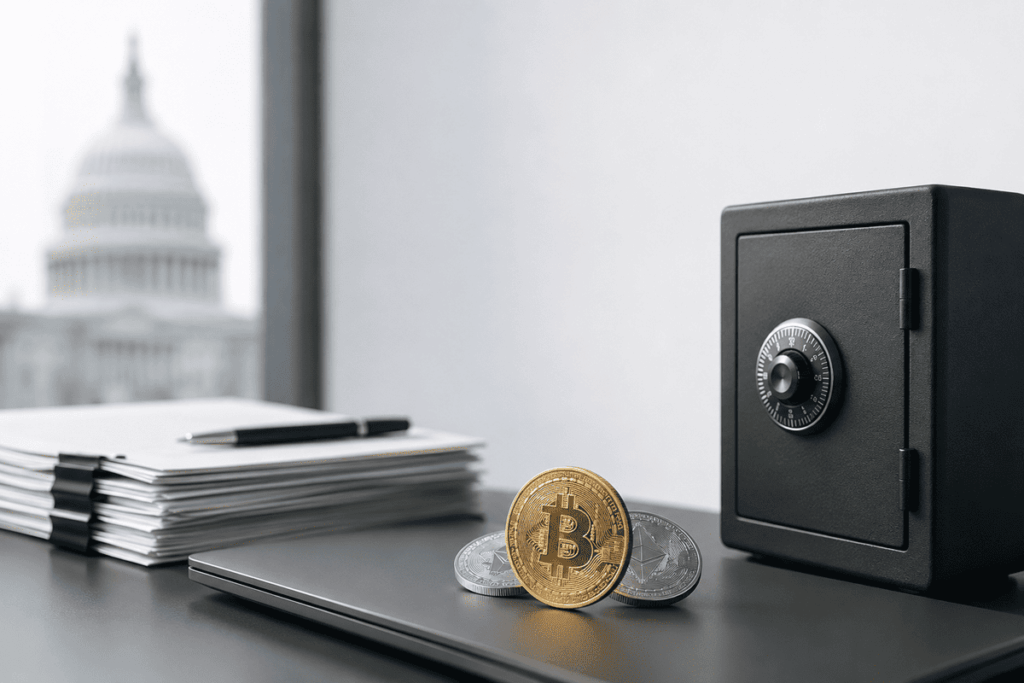 Criptomonedas junto a una caja fuerte y documentos financieros, con el Capitolio de Estados Unidos al fondo.