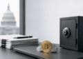 Criptomonedas junto a una caja fuerte y documentos financieros, con el Capitolio de Estados Unidos al fondo.
