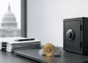 Criptomonedas junto a una caja fuerte y documentos financieros, con el Capitolio de Estados Unidos al fondo.