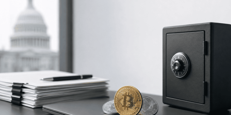 Criptomonedas junto a una caja fuerte y documentos financieros, con el Capitolio de Estados Unidos al fondo.
