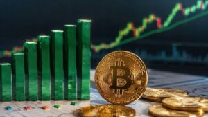 Gráfico financiero con barras verdes ascendentes y monedas de Bitcoin doradas sobre el fondo.