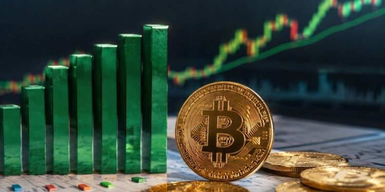 Gráfico financiero con barras verdes ascendentes y monedas de Bitcoin doradas sobre el fondo.