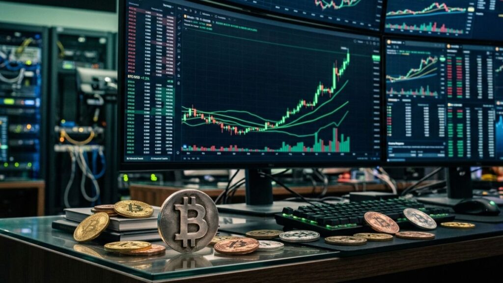 Un monitor muestra gráficos de trading de bitcoin con una tendencia al alza y varias monedas de bitcoin.