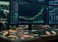 Un monitor muestra gráficos de trading de bitcoin con una tendencia al alza y varias monedas de bitcoin.