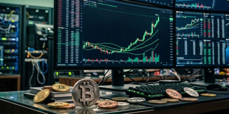 Un monitor muestra gráficos de trading de bitcoin con una tendencia al alza y varias monedas de bitcoin.