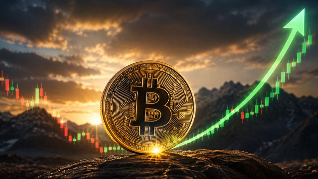 Moneda dorada de Bitcoin en un paisaje montañoso con una flecha verde ascendente y gráfico alcista.