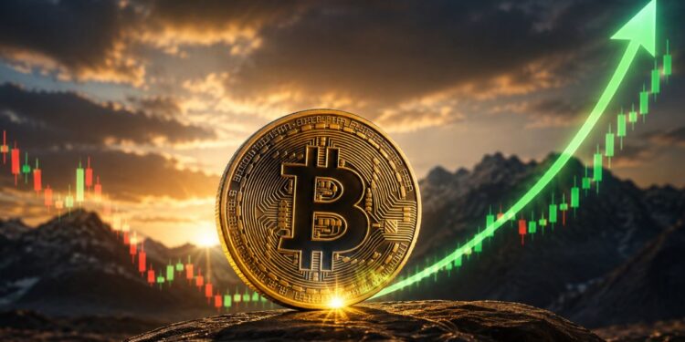Moneda dorada de Bitcoin en un paisaje montañoso con una flecha verde ascendente y gráfico alcista.