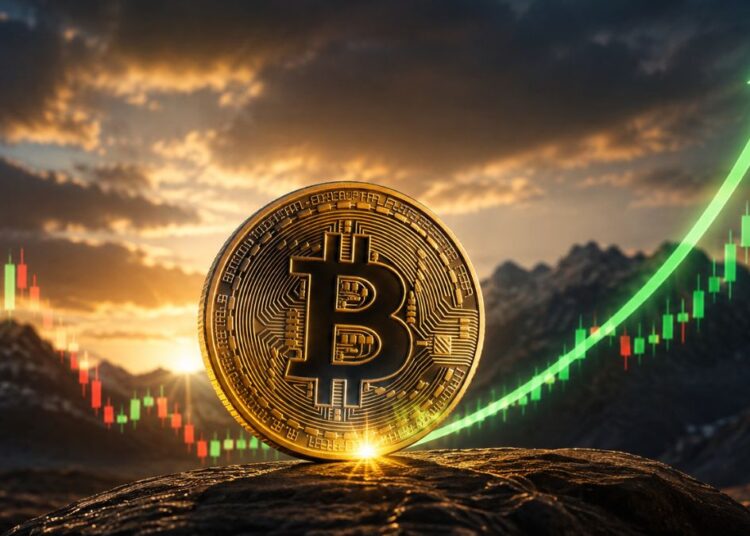 Moneda dorada de Bitcoin en un paisaje montañoso con una flecha verde ascendente y gráfico alcista.