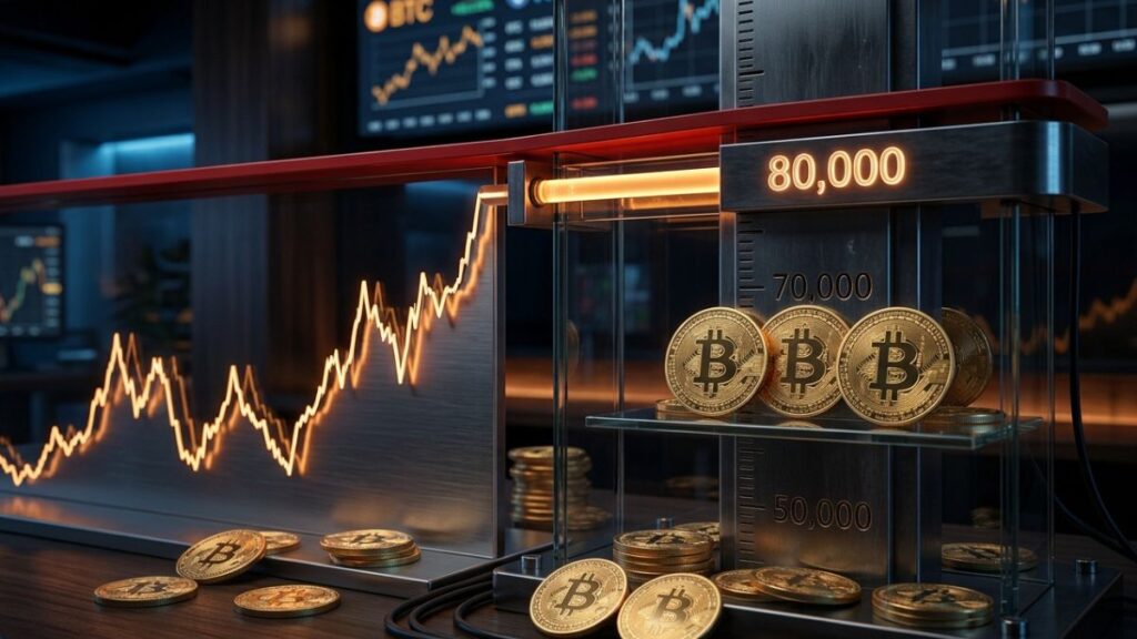 Gráfico financiero de bitcoin alcanzando una barrera en USD 80.000 junto a monedas de bitcoin doradas en una mesa.