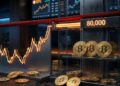 Gráfico financiero de bitcoin alcanzando una barrera en USD 80.000 junto a monedas de bitcoin doradas en una mesa.