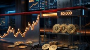 Gráfico financiero de bitcoin alcanzando una barrera en USD 80.000 junto a monedas de bitcoin doradas en una mesa.