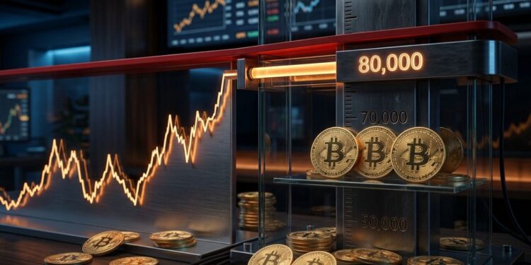 Gráfico financiero de bitcoin alcanzando una barrera en USD 80.000 junto a monedas de bitcoin doradas en una mesa.