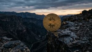 Moneda de Bitcoin al borde de un precipicio al atardecer.