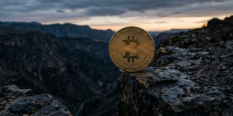 Moneda de Bitcoin al borde de un precipicio al atardecer.