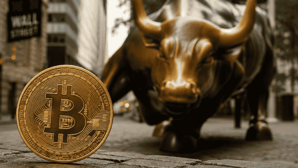 Moneda física de bitcoin. Paisaje típico de Wall Street.