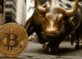 Moneda física de bitcoin. Paisaje típico de Wall Street.