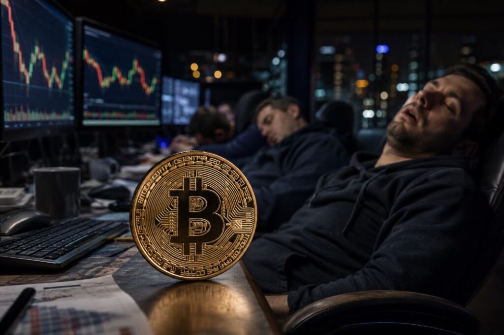 Traders dormidos delante de una moneda física de bitcoin.