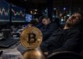 Traders dormidos delante de una moneda física de bitcoin.