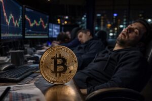 Traders dormidos delante de una moneda física de bitcoin.