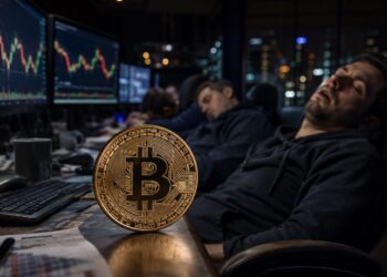 Traders dormidos delante de una moneda física de bitcoin.