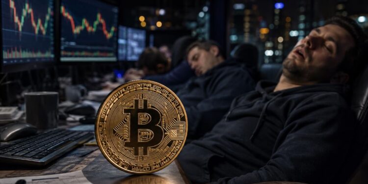 Traders dormidos delante de una moneda física de bitcoin.