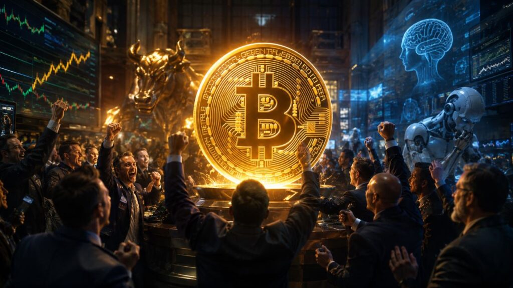 Inversionistas de Wall Street celebran alrededor de una moneda física de bitcoin