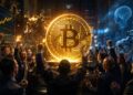 Inversionistas de Wall Street celebran alrededor de una moneda física de bitcoin