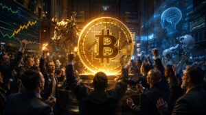 Inversionistas de Wall Street celebran alrededor de una moneda física de bitcoin