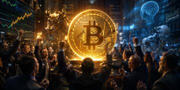 Inversionistas de Wall Street celebran alrededor de una moneda física de bitcoin